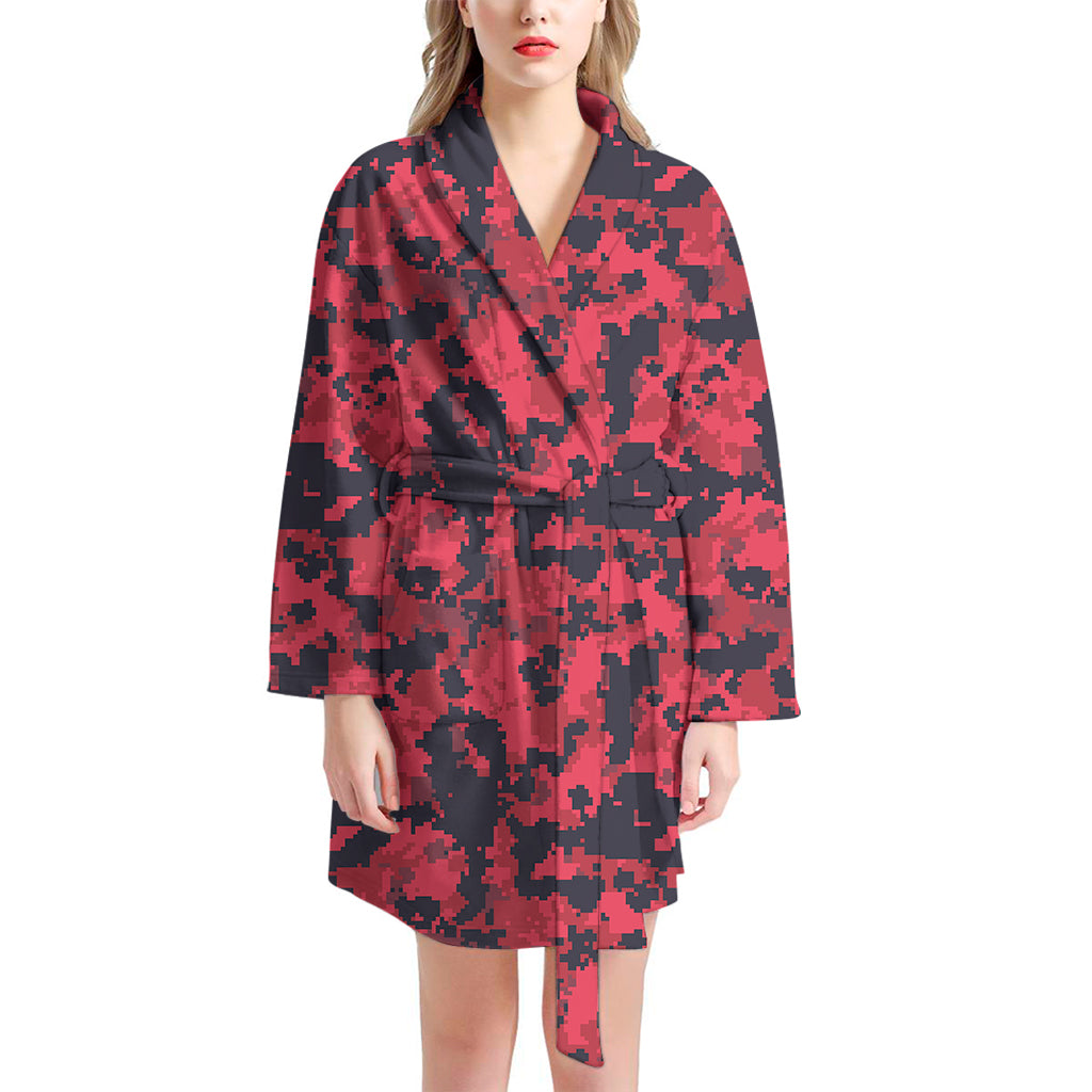 Red And Black Digital Camo Pattern Print Women's Bathrobe