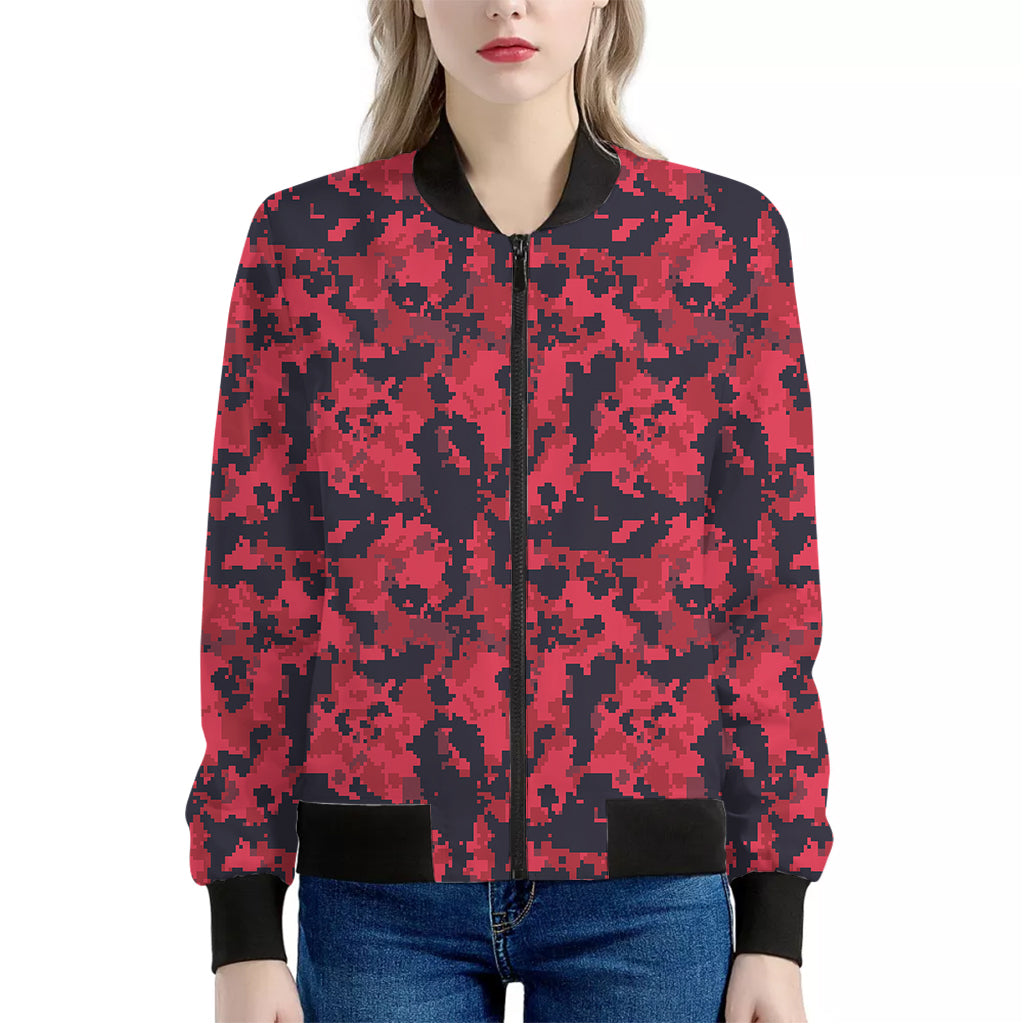 Red And Black Digital Camo Pattern Print Women's Bomber Jacket