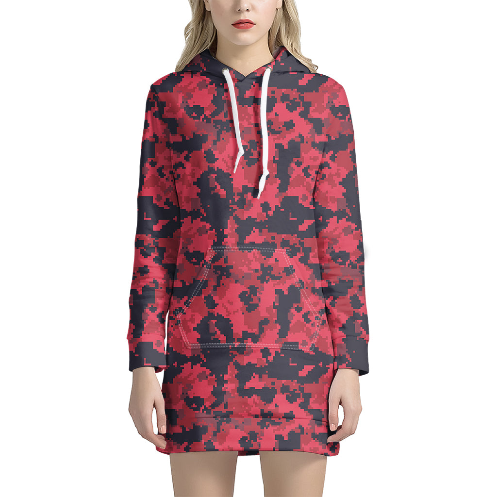 Red And Black Digital Camo Pattern Print Women's Pullover Hoodie Dress