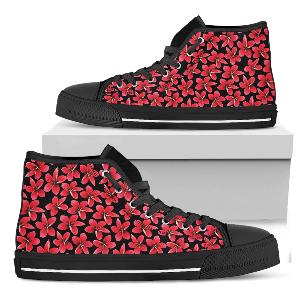 Red And Black Frangipani Pattern Print Black High Top Shoes