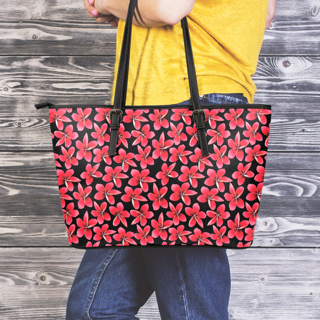 Red And Black Frangipani Pattern Print Leather Tote Bag