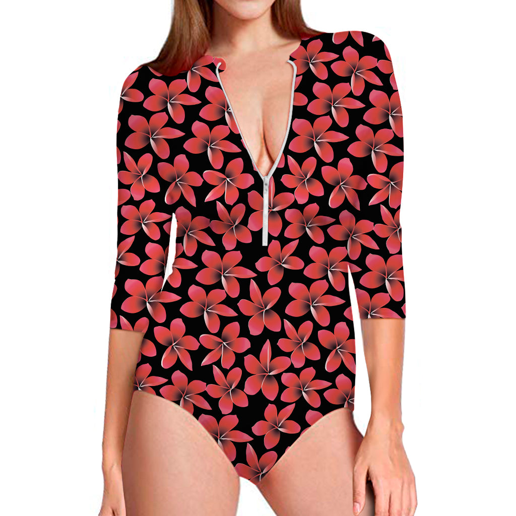 Red And Black Frangipani Pattern Print Long Sleeve One Piece Swimsuit