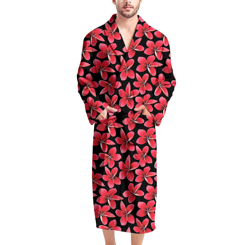 Red And Black Frangipani Pattern Print Men's Bathrobe