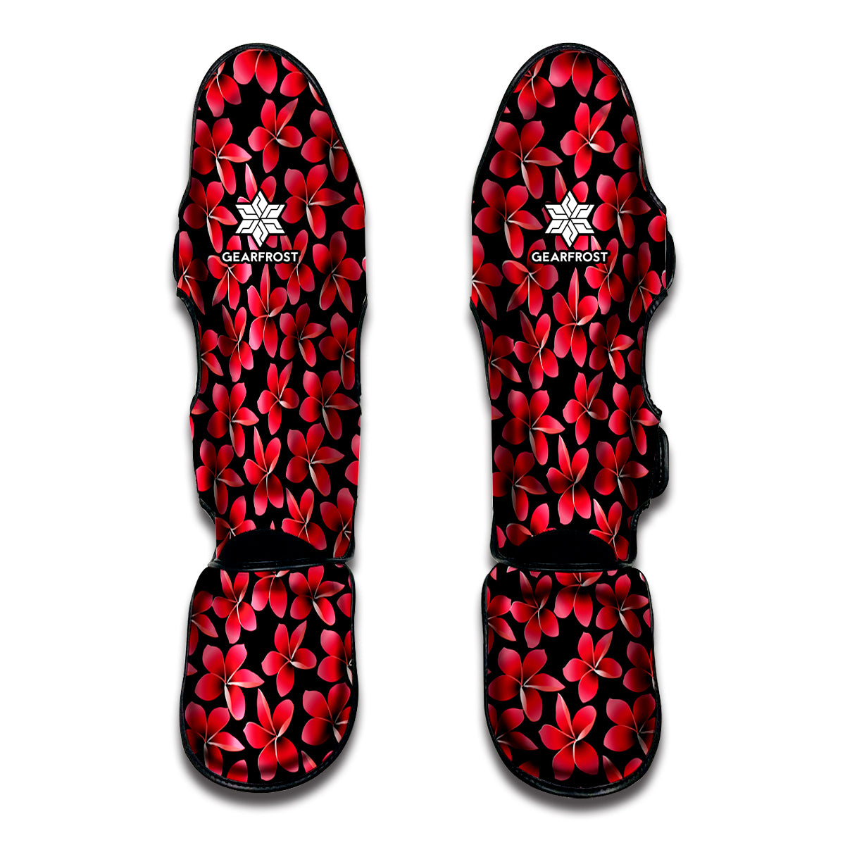 Red And Black Frangipani Pattern Print Muay Thai Shin Guards