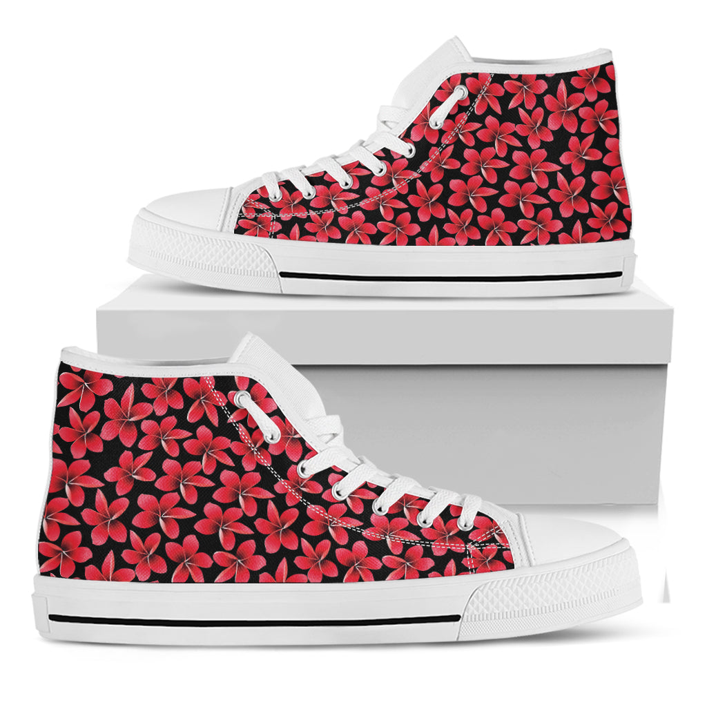 Red And Black Frangipani Pattern Print White High Top Shoes