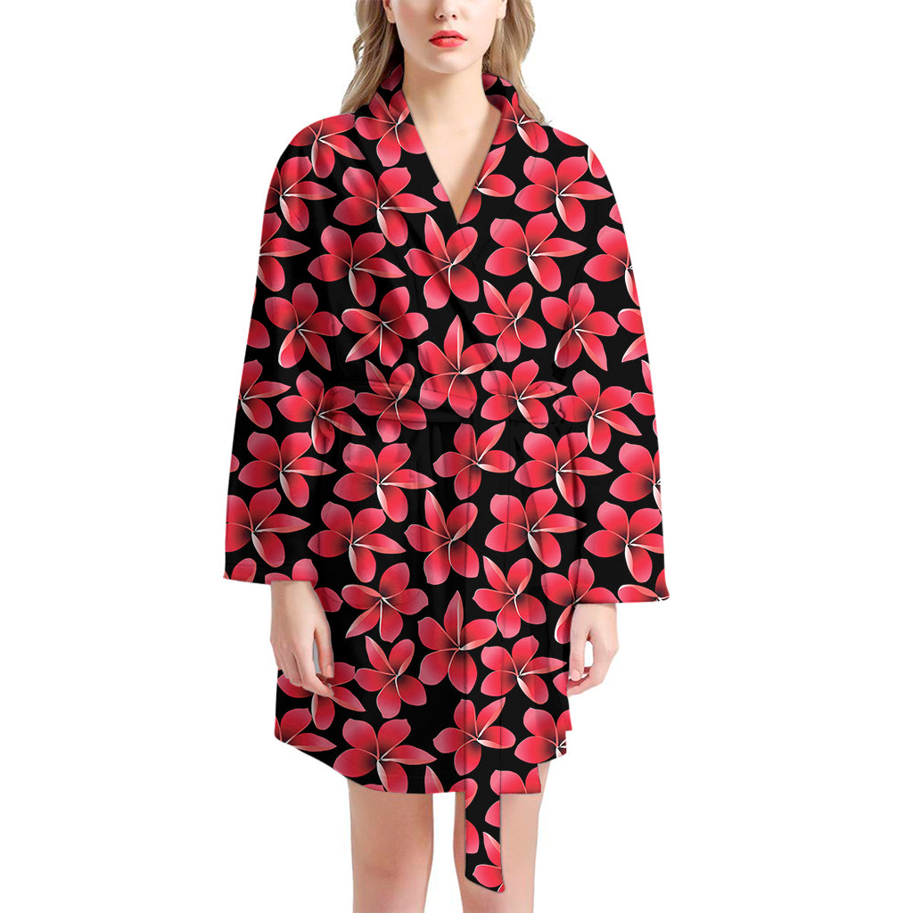 Red And Black Frangipani Pattern Print Women's Bathrobe