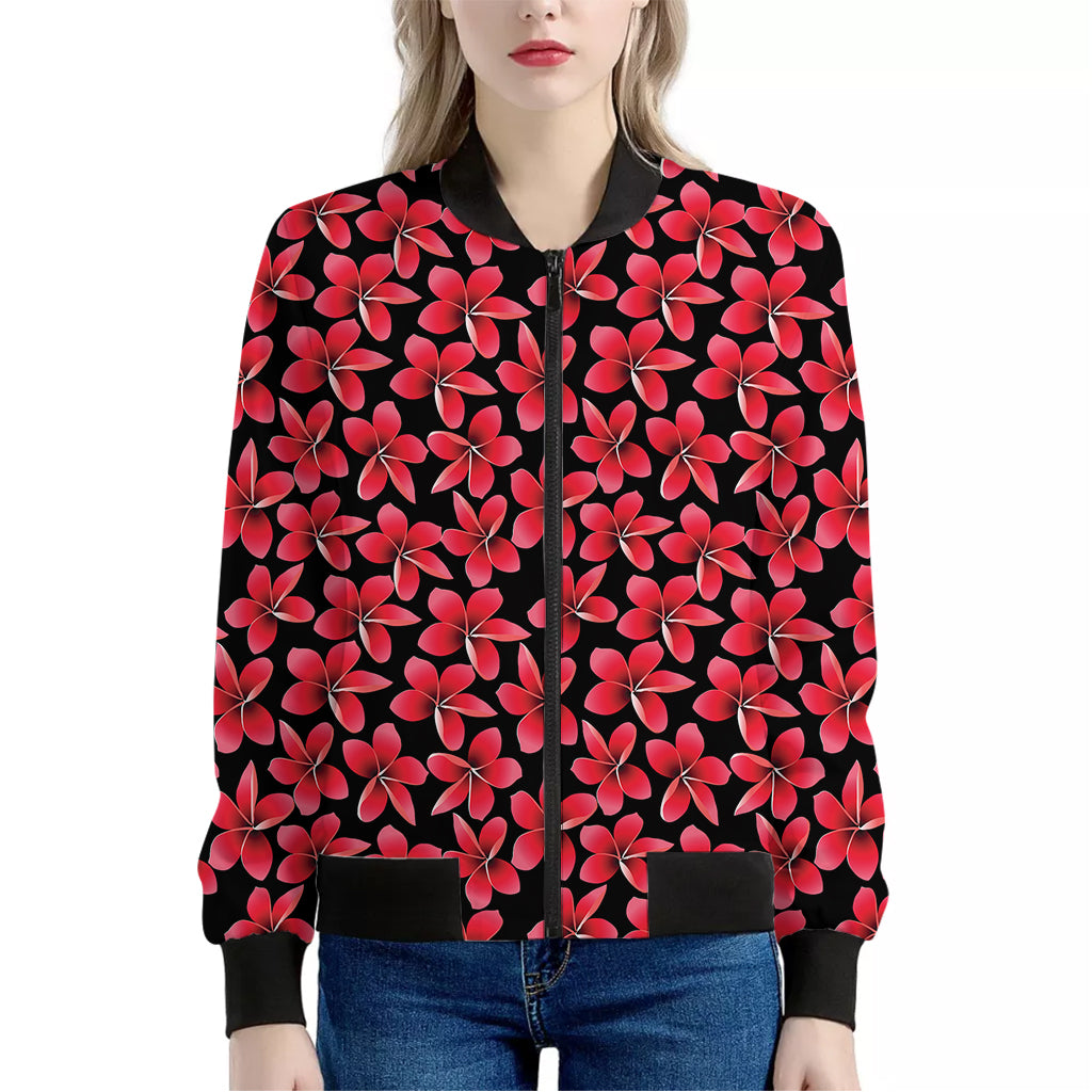 Red And Black Frangipani Pattern Print Women's Bomber Jacket