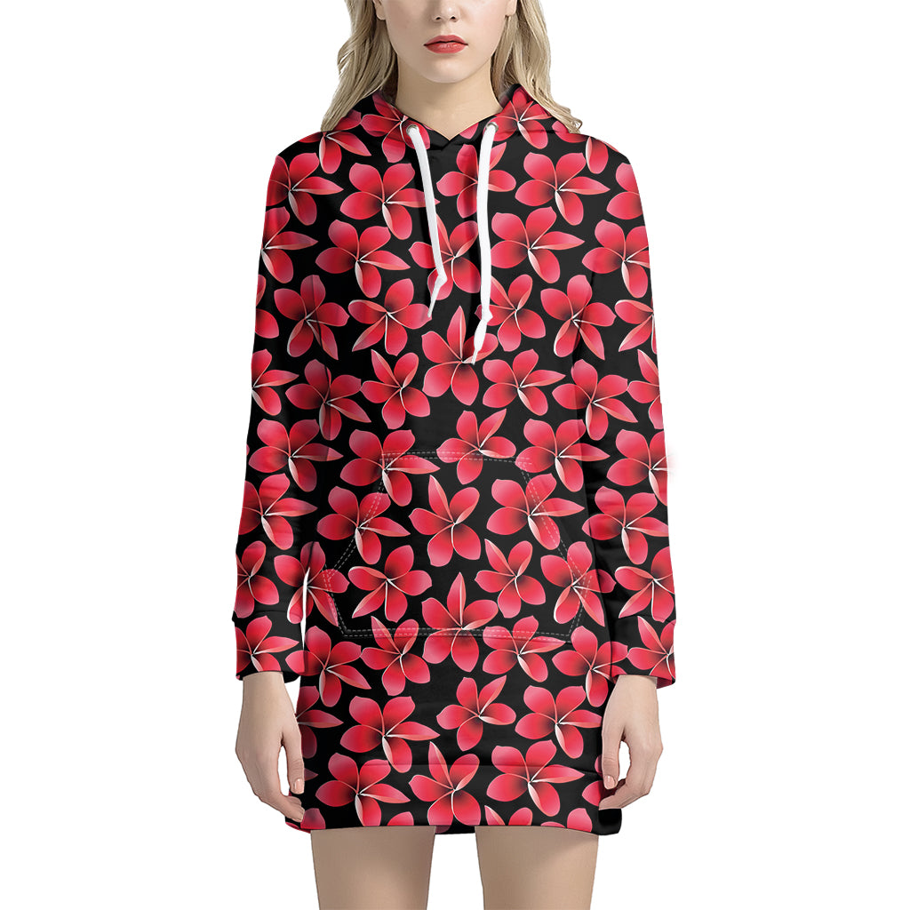 Red And Black Frangipani Pattern Print Women's Pullover Hoodie Dress