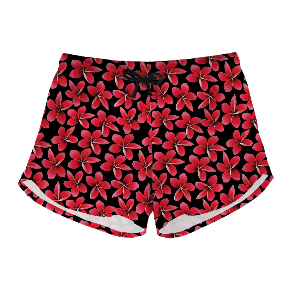 Red And Black Frangipani Pattern Print Women's Shorts