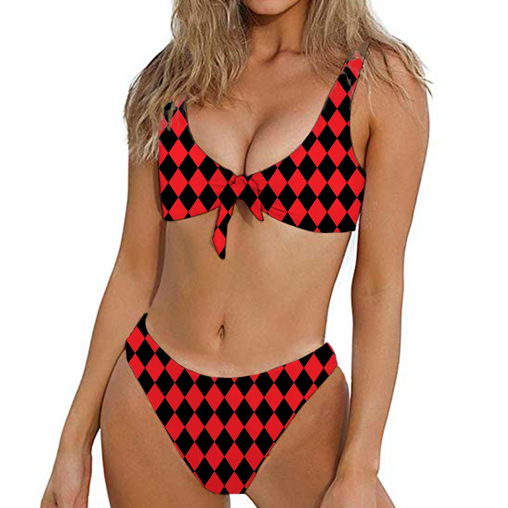 Red And Black Harlequin Pattern Print Front Bow Tie Bikini