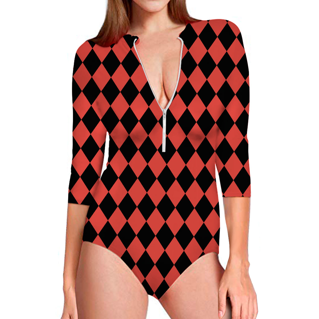 Red And Black Harlequin Pattern Print Long Sleeve One Piece Swimsuit