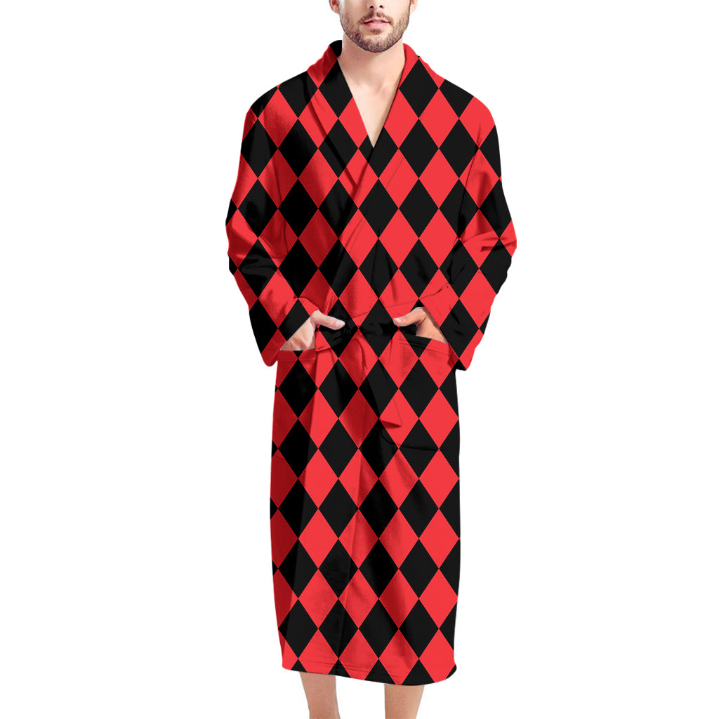 Red And Black Harlequin Pattern Print Men's Bathrobe