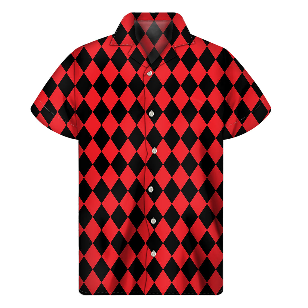 Red And Black Harlequin Pattern Print Men's Short Sleeve Shirt