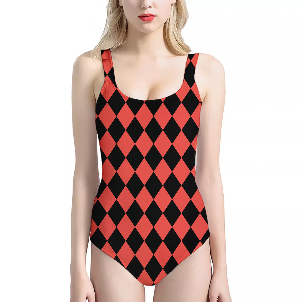 Red And Black Harlequin Pattern Print One Piece Halter Neck Swimsuit