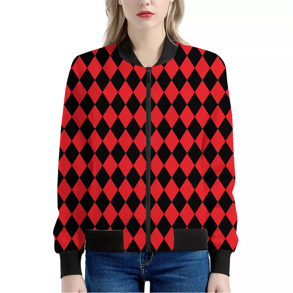 Red And Black Harlequin Pattern Print Women's Bomber Jacket