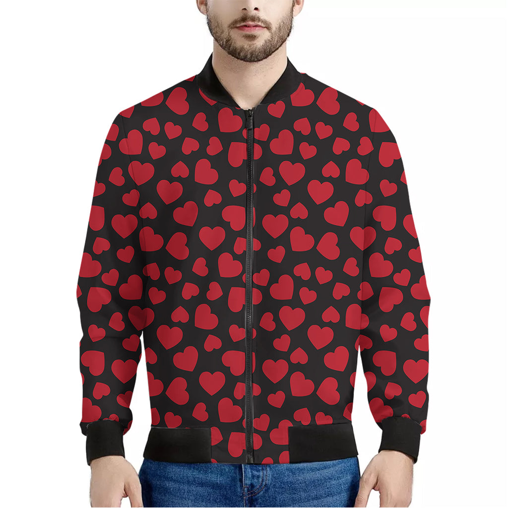 Red And Black Heart Pattern Print Men's Bomber Jacket