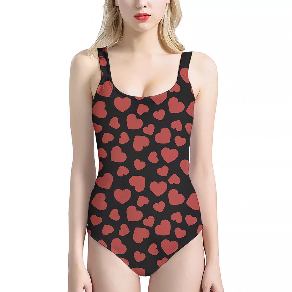 Red And Black Heart Pattern Print One Piece Halter Neck Swimsuit