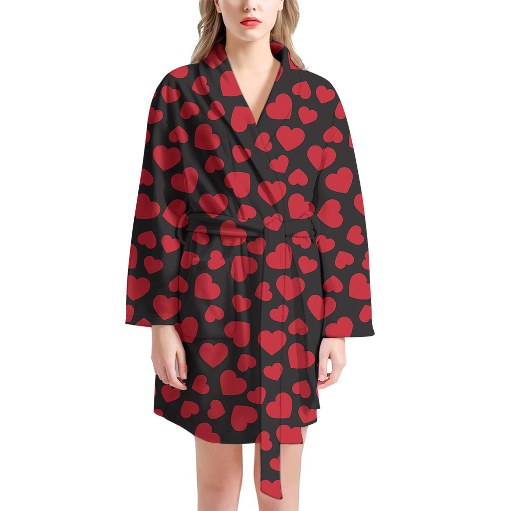 Red And Black Heart Pattern Print Women's Bathrobe