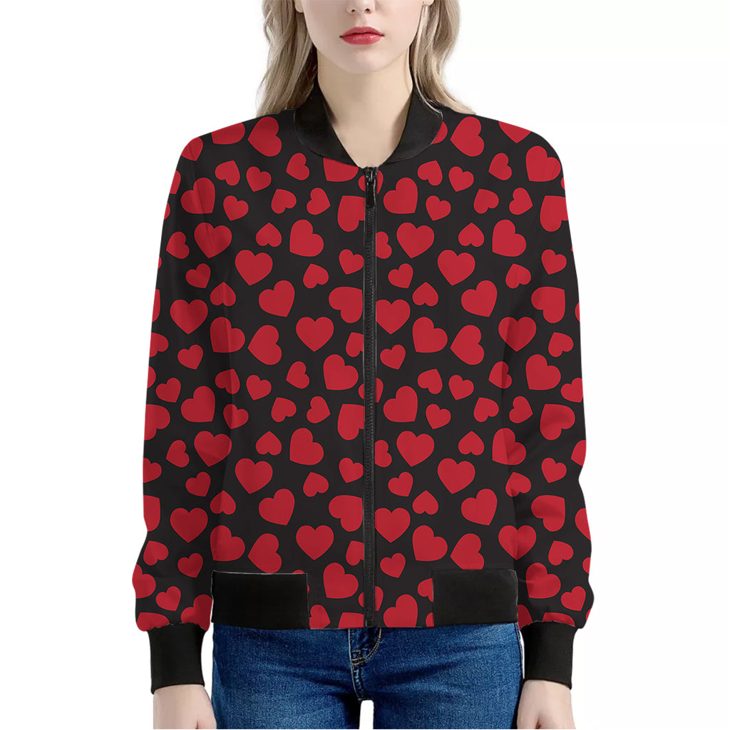 Red And Black Heart Pattern Print Women's Bomber Jacket