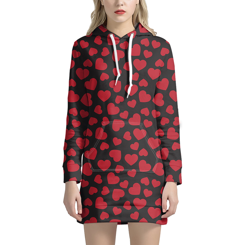 Red And Black Heart Pattern Print Women's Pullover Hoodie Dress