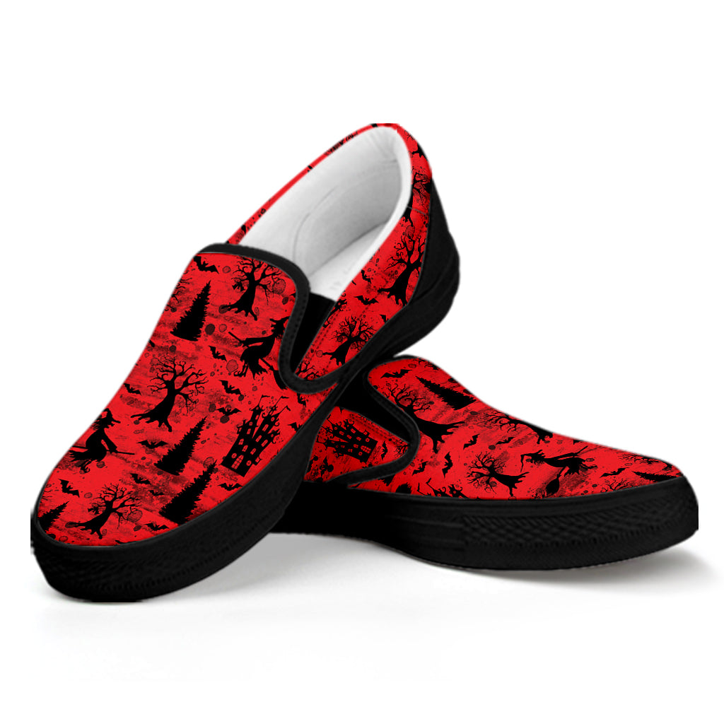 Red And Black Horror Witch Pattern Print Black Slip On Shoes