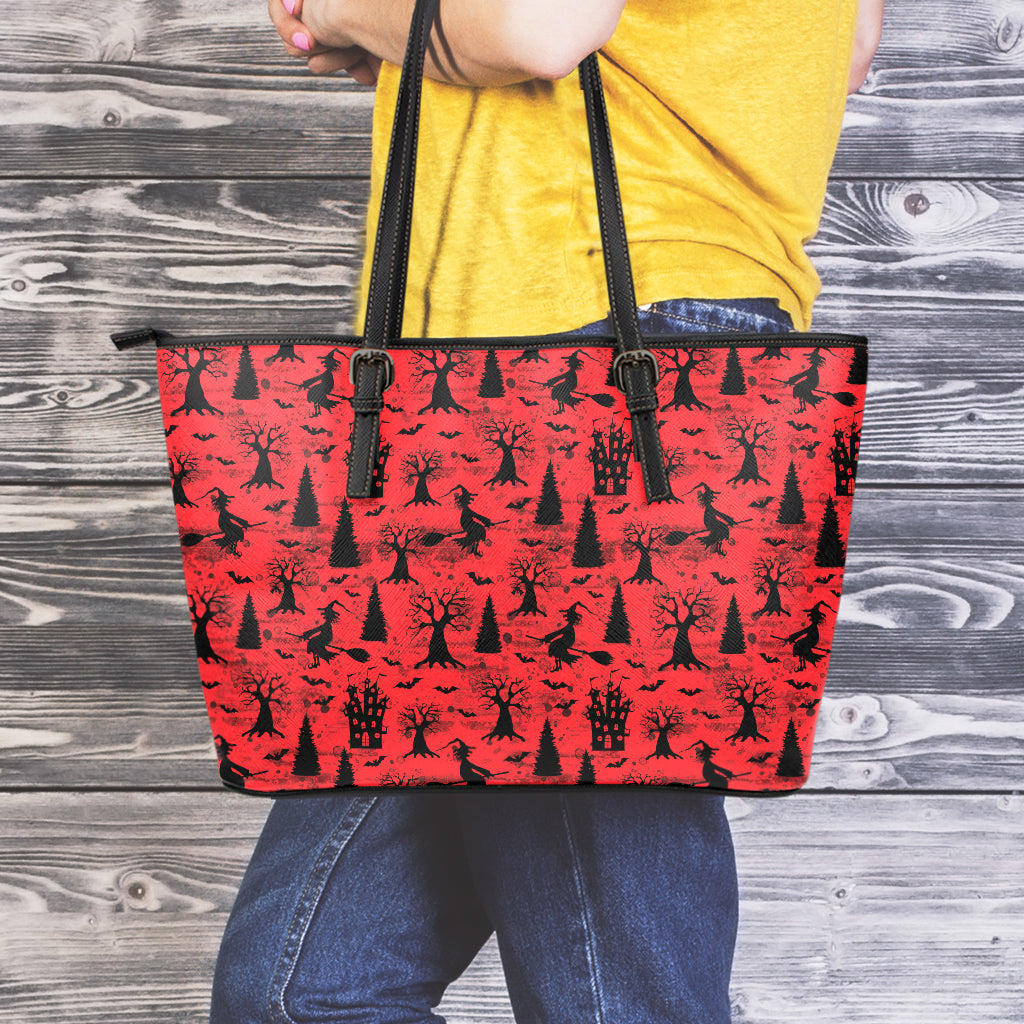 Red And Black Horror Witch Pattern Print Leather Tote Bag