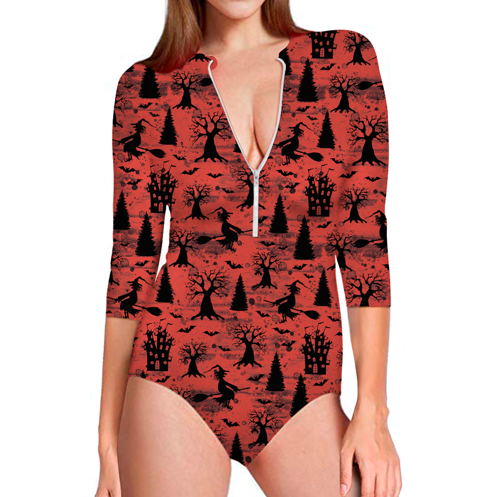 Red And Black Horror Witch Pattern Print Long Sleeve One Piece Swimsuit