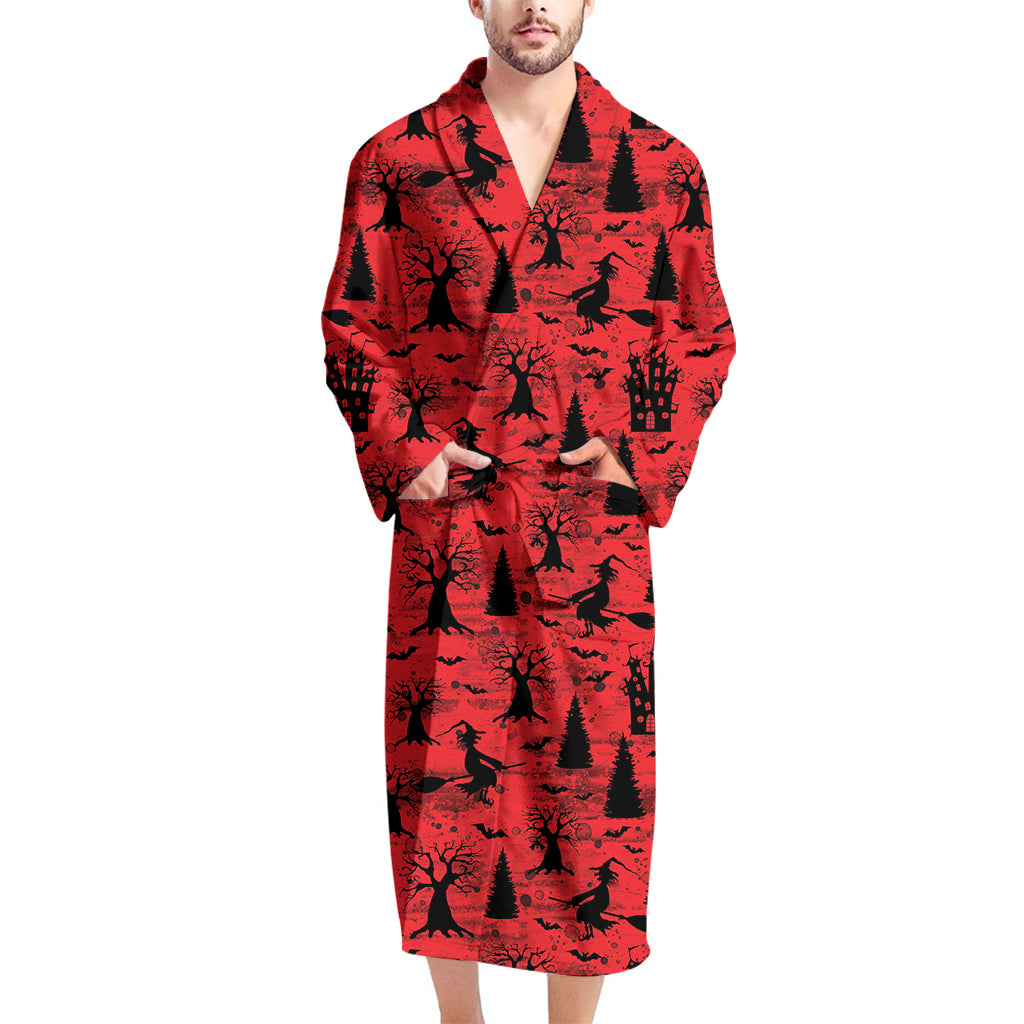 Red And Black Horror Witch Pattern Print Men's Bathrobe