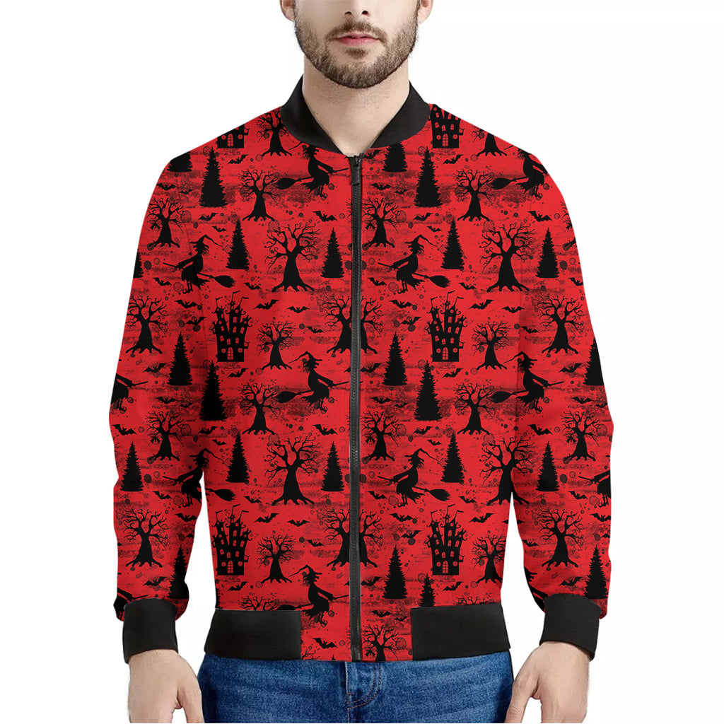 Red And Black Horror Witch Pattern Print Men's Bomber Jacket