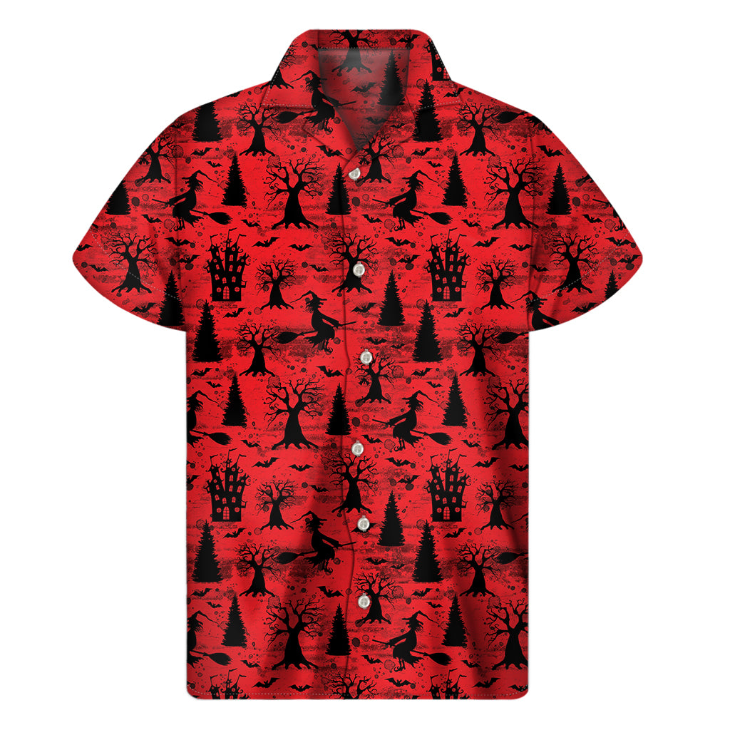 Red And Black Horror Witch Pattern Print Men's Short Sleeve Shirt