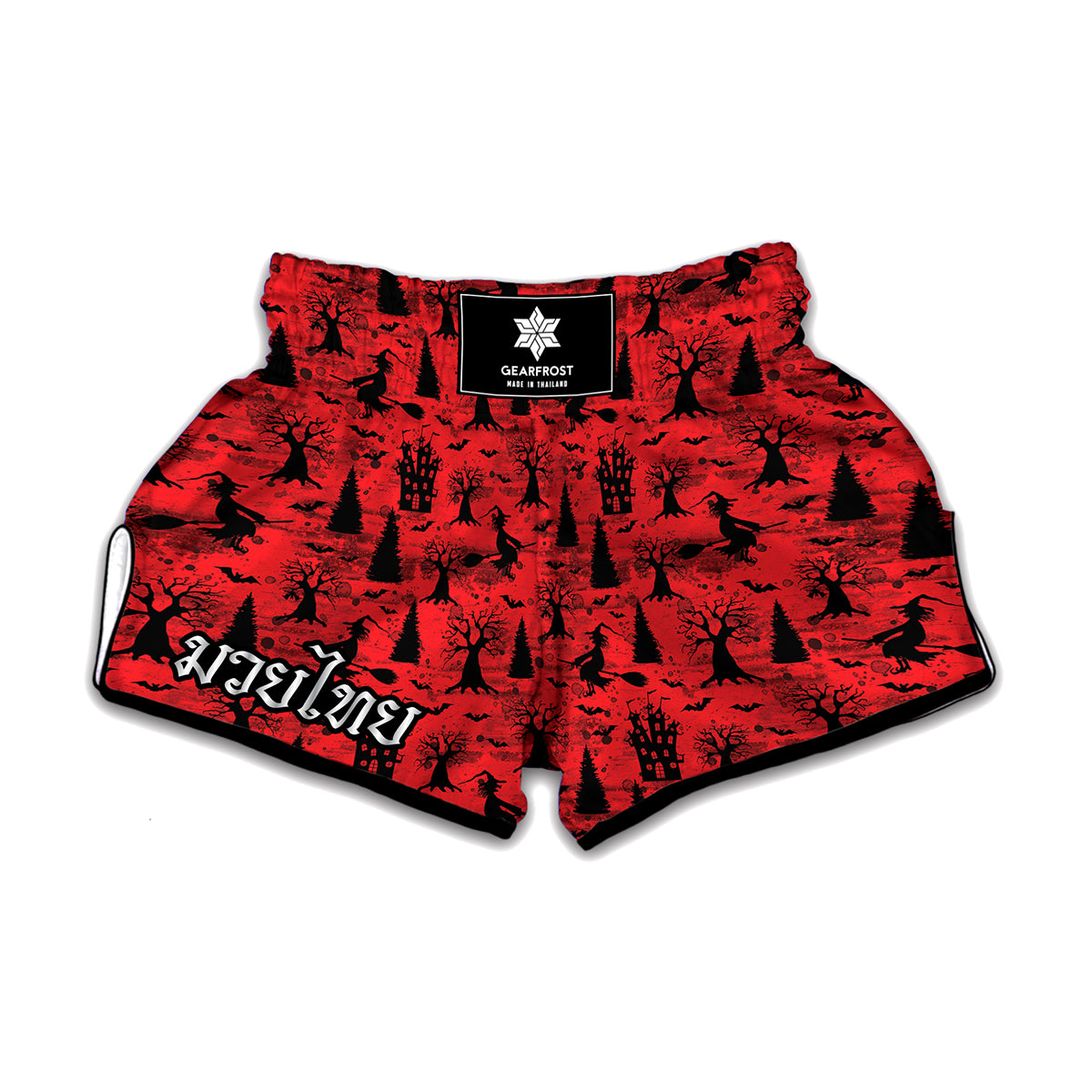 Red And Black Horror Witch Pattern Print Muay Thai Boxing Shorts