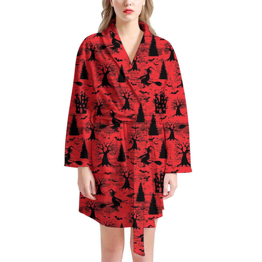 Red And Black Horror Witch Pattern Print Women's Bathrobe