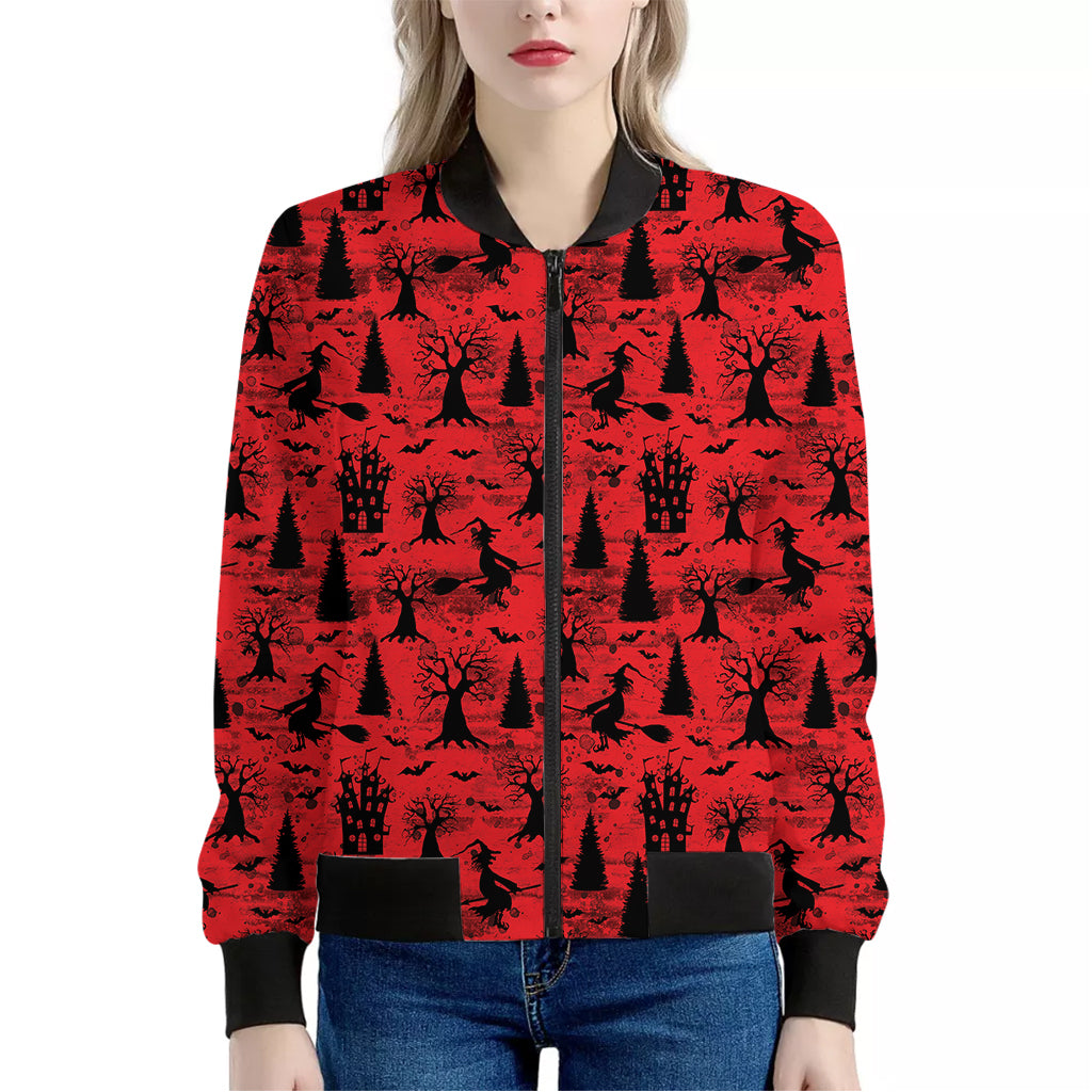 Red And Black Horror Witch Pattern Print Women's Bomber Jacket