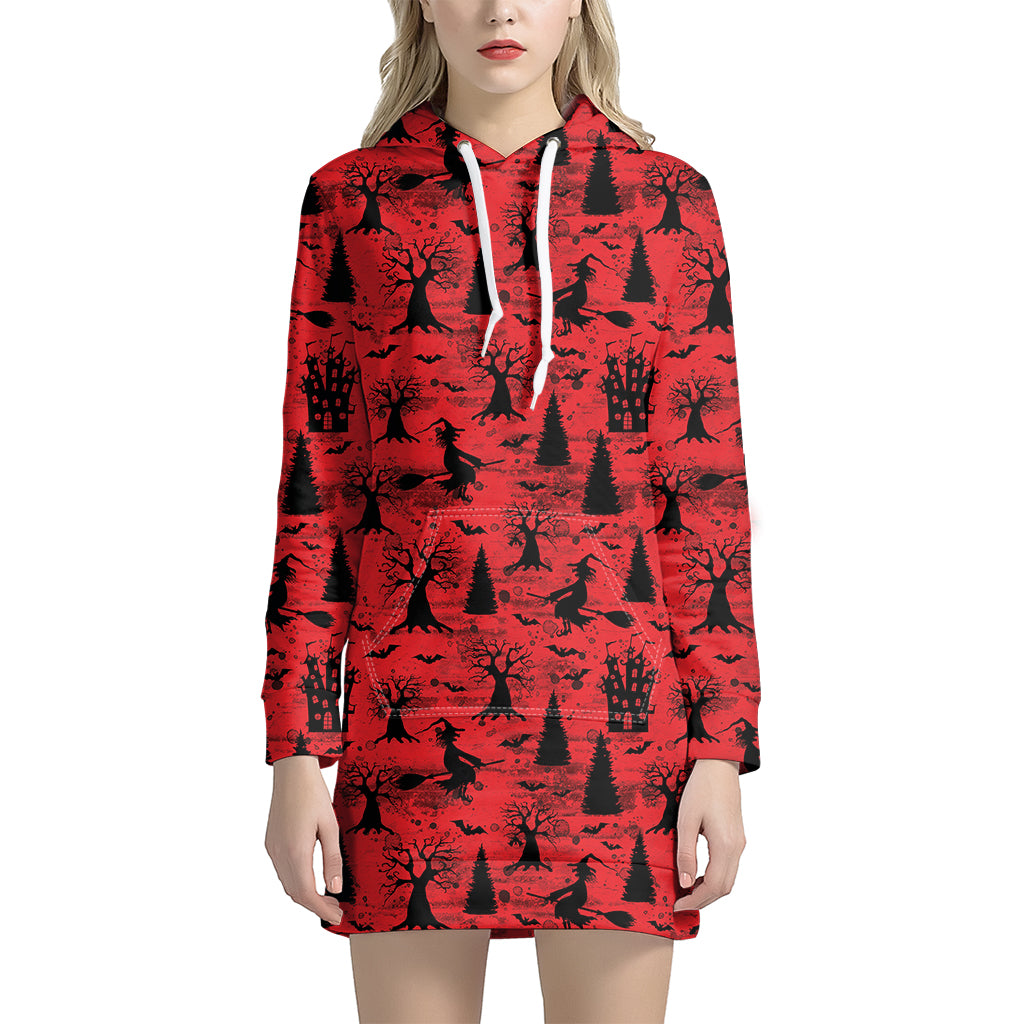 Red And Black Horror Witch Pattern Print Women's Pullover Hoodie Dress