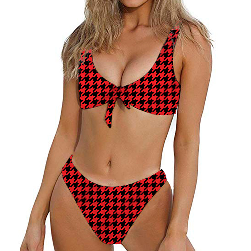 Red And Black Houndstooth Pattern Print Front Bow Tie Bikini