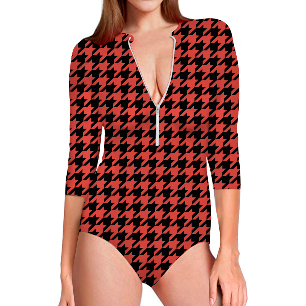 Red And Black Houndstooth Pattern Print Long Sleeve One Piece Swimsuit