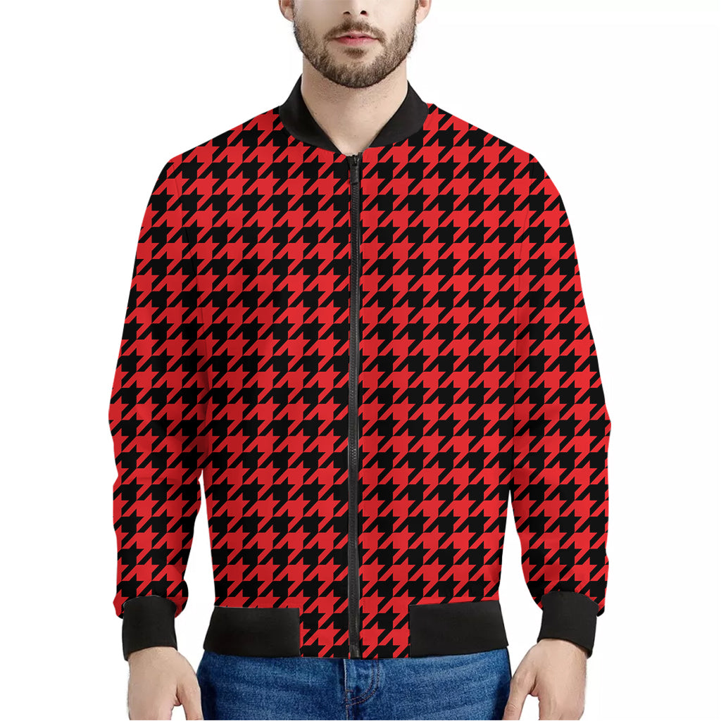 Red And Black Houndstooth Pattern Print Men's Bomber Jacket