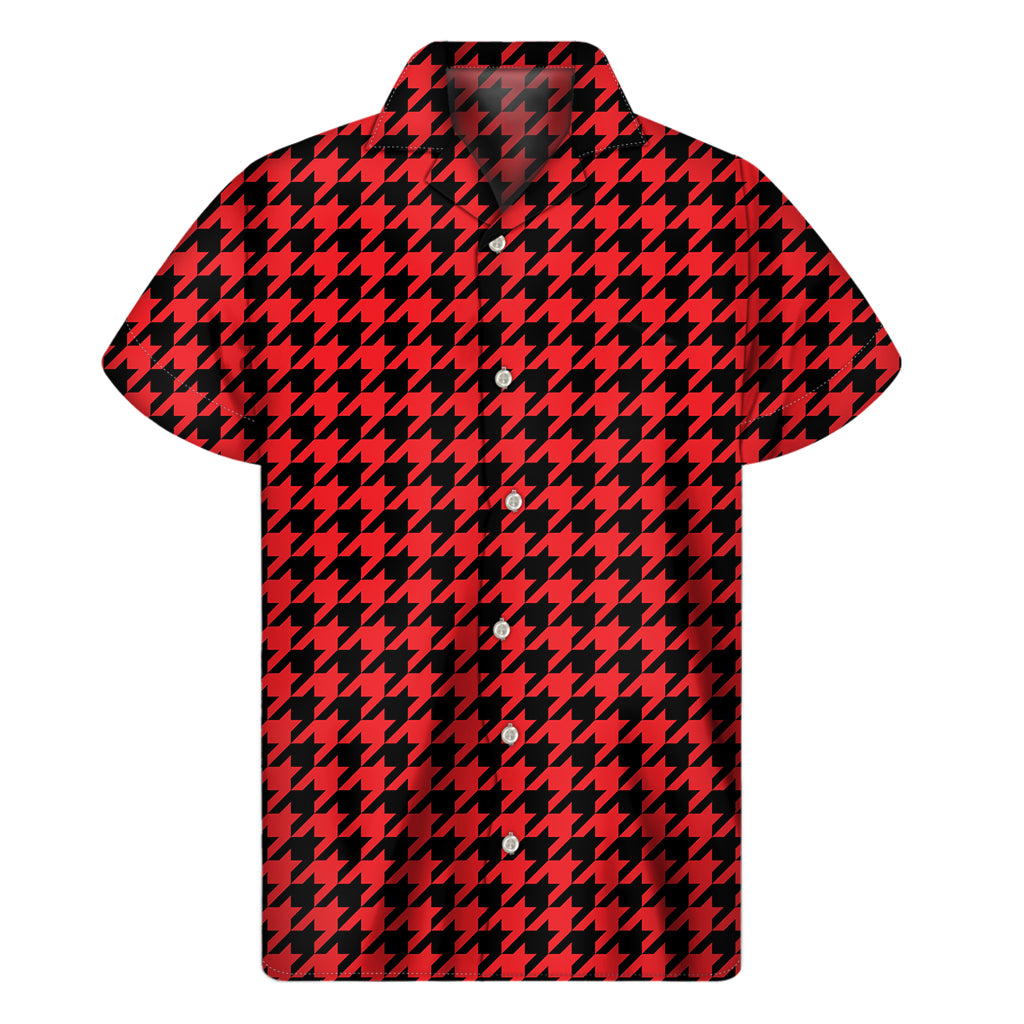 Red And Black Houndstooth Pattern Print Men's Short Sleeve Shirt