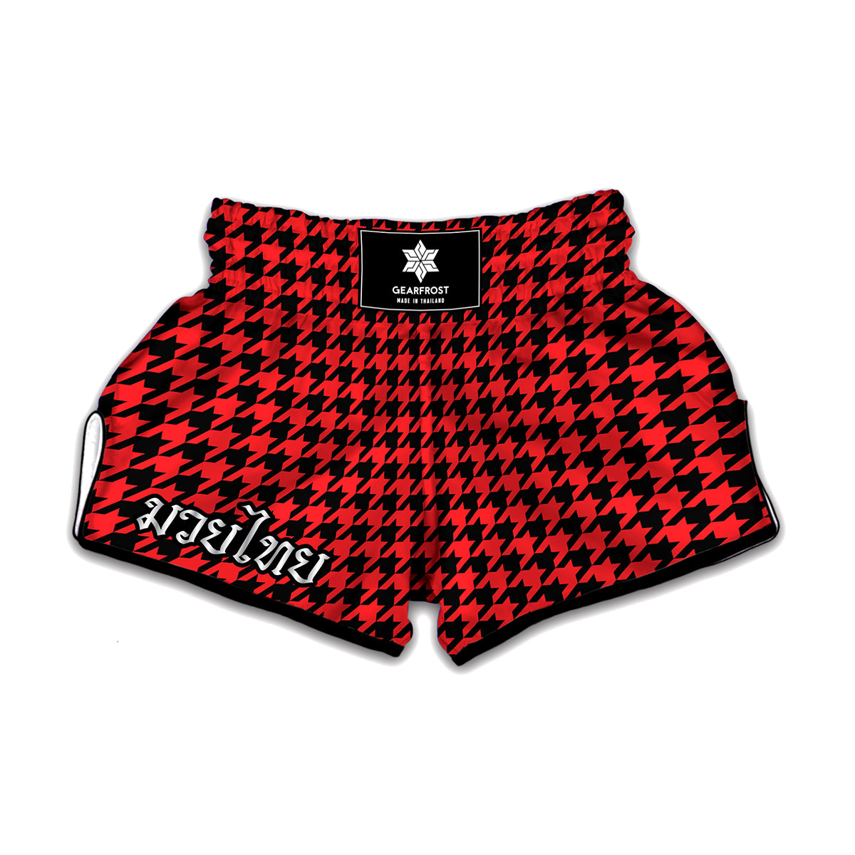 Red And Black Houndstooth Pattern Print Muay Thai Boxing Shorts