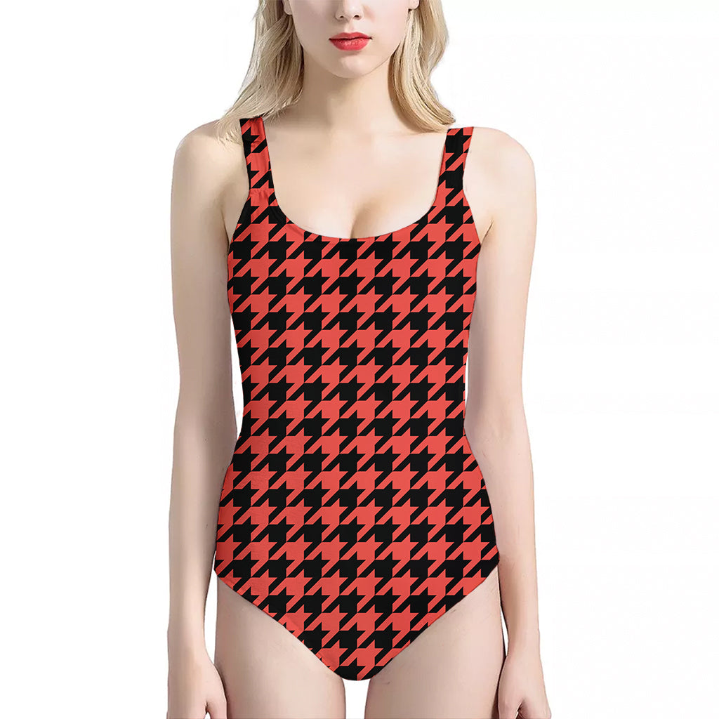 Red And Black Houndstooth Pattern Print One Piece Halter Neck Swimsuit