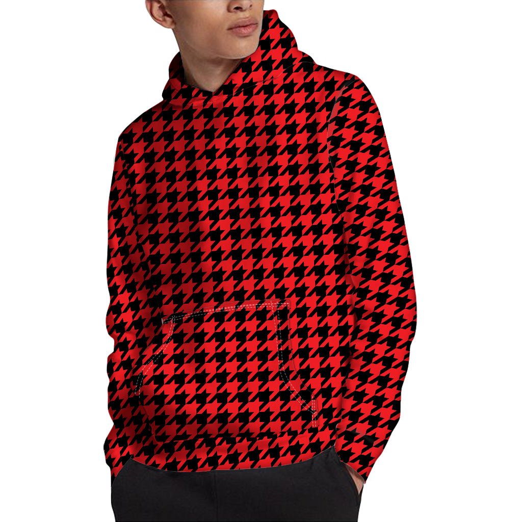 Red And Black Houndstooth Pattern Print Pullover Hoodie