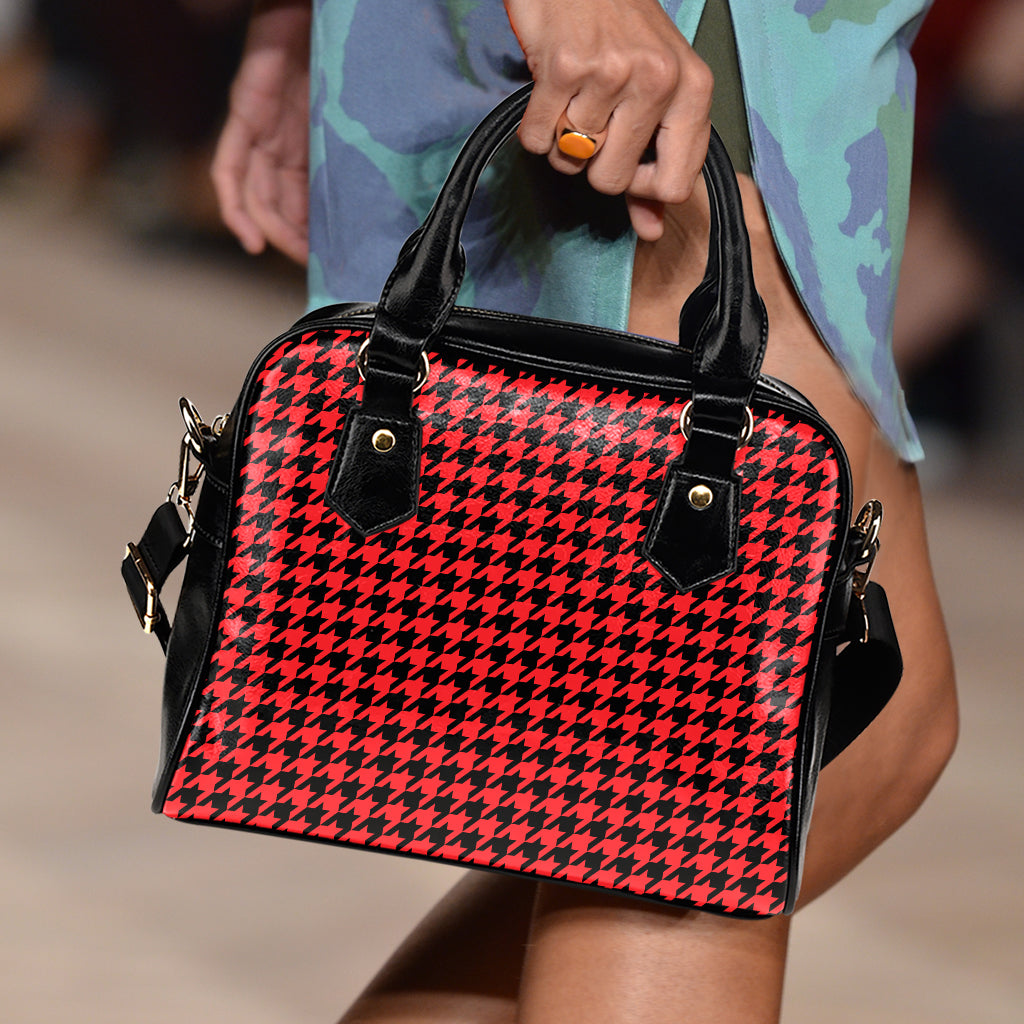 Red And Black Houndstooth Pattern Print Shoulder Handbag