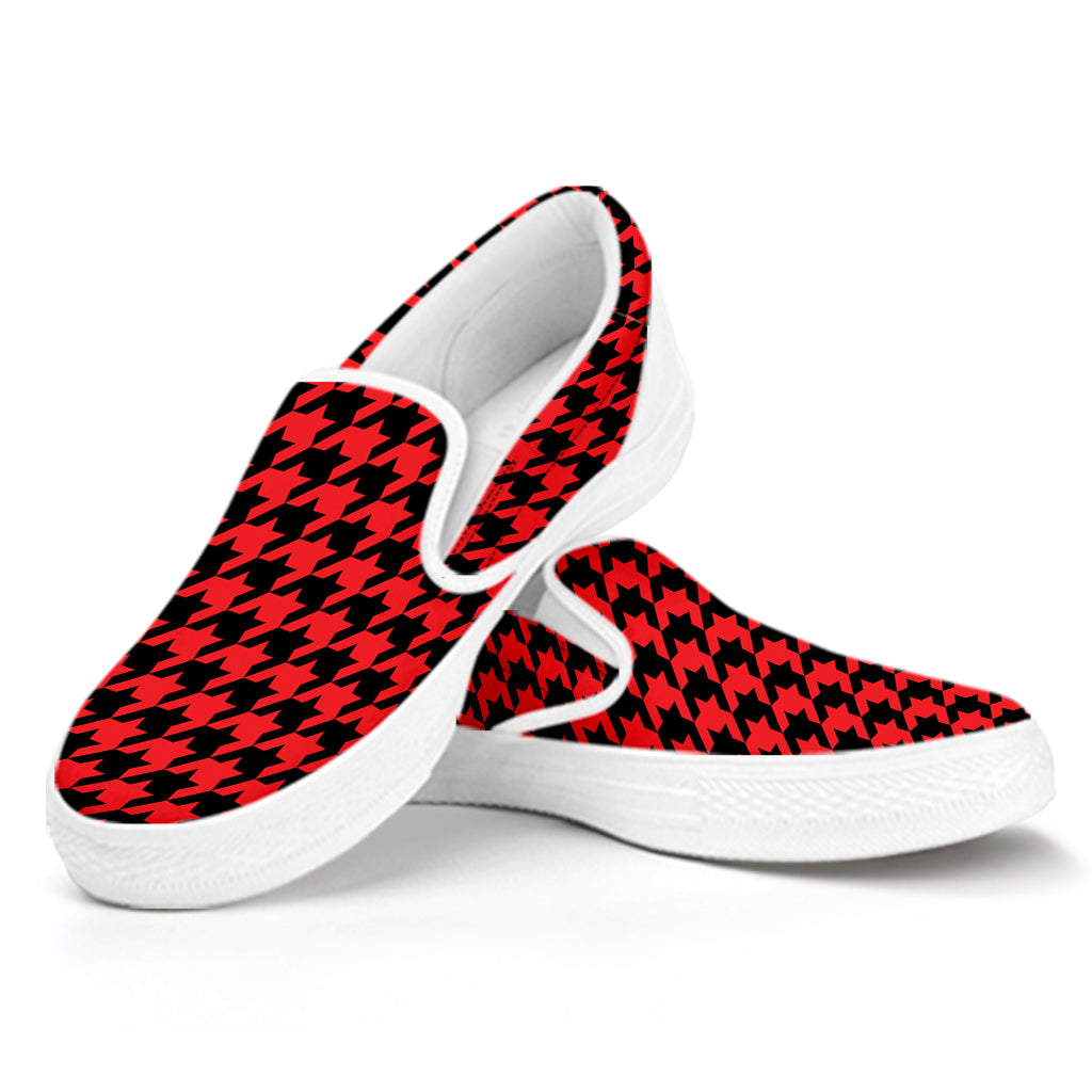 Red And Black Houndstooth Pattern Print White Slip On Shoes