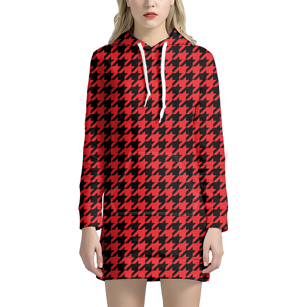 Red And Black Houndstooth Pattern Print Women's Pullover Hoodie Dress