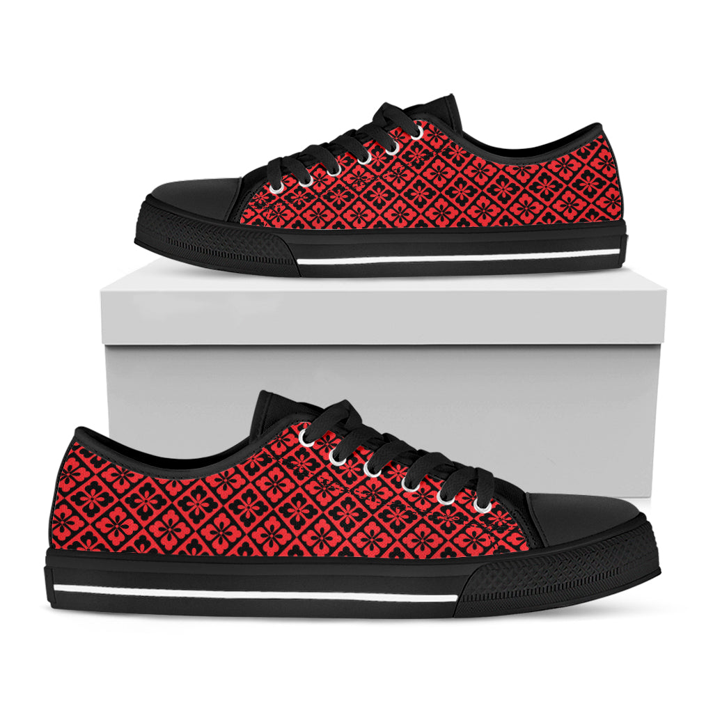 Red And Black Japanese Pattern Print Black Low Top Shoes