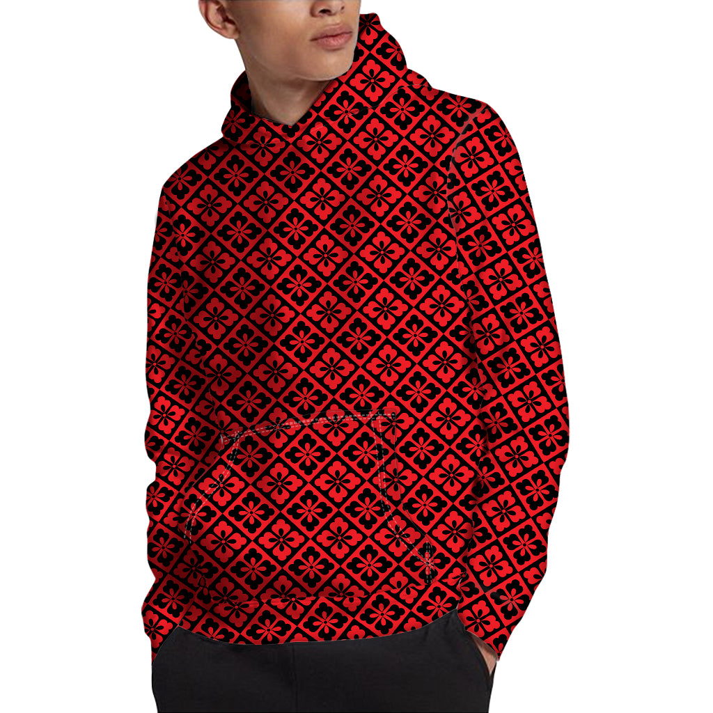 Red And Black Japanese Pattern Print Pullover Hoodie