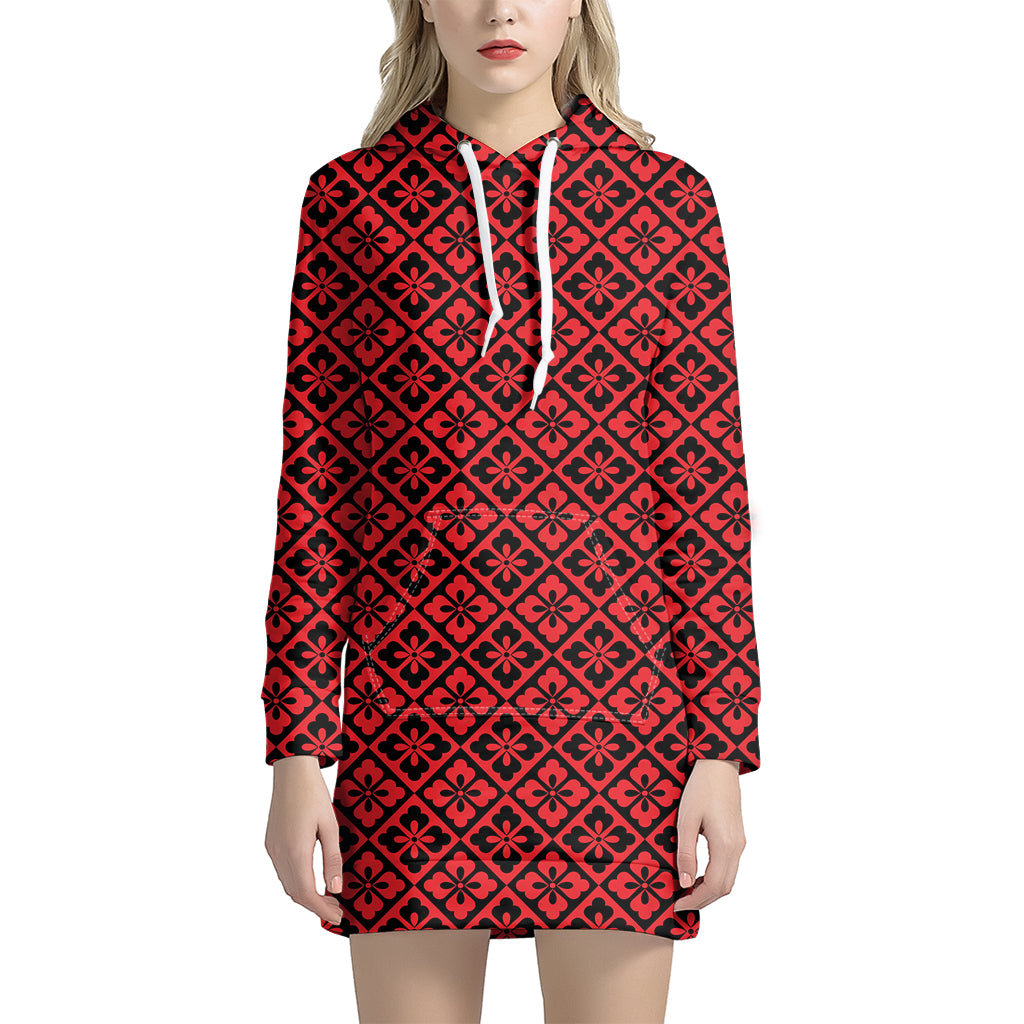 Red And Black Japanese Pattern Print Women's Pullover Hoodie Dress