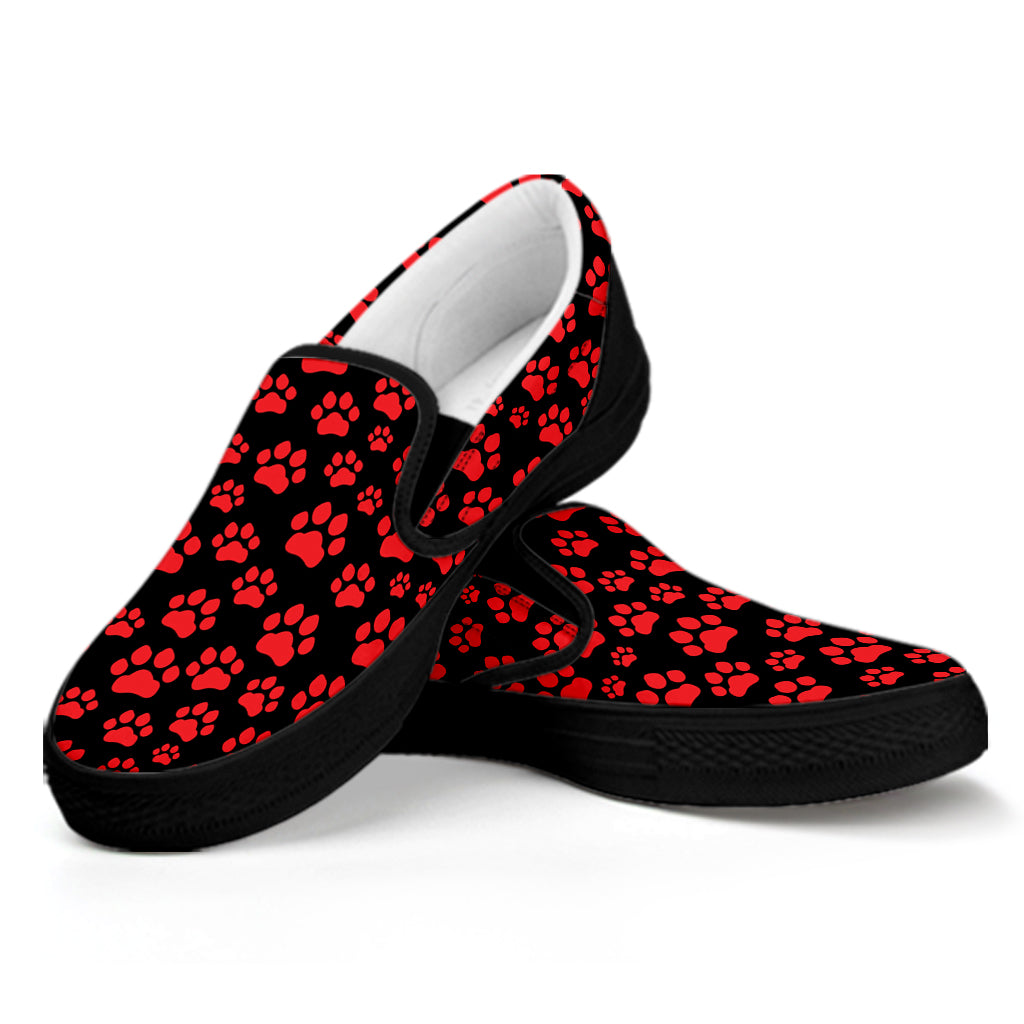 Red And Black Paw Pattern Print Black Slip On Shoes