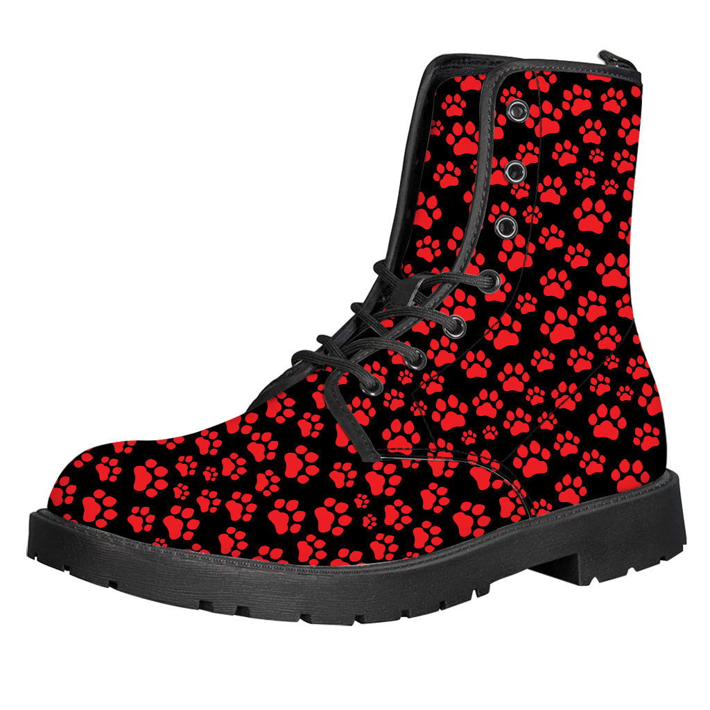 Red And Black Paw Pattern Print Leather Boots