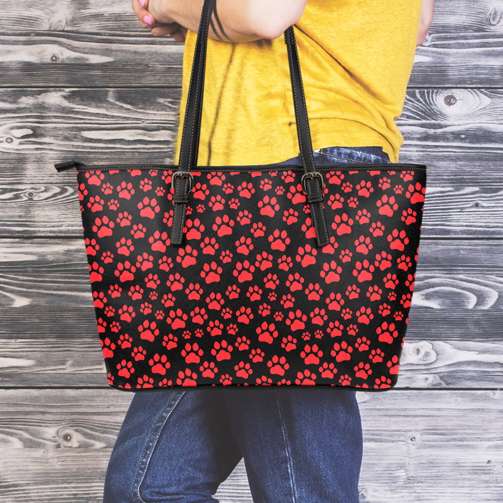 Red And Black Paw Pattern Print Leather Tote Bag